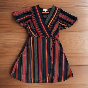 Monteau Los Angeles Blue Striped V-Neck Stretch Faux Wrap Dress Junior Large